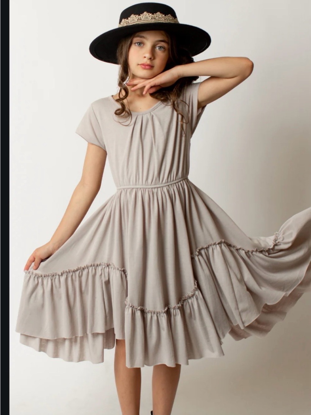 Joyfolie Short Sleeve Ruffle Hem Dress - Light Taupe